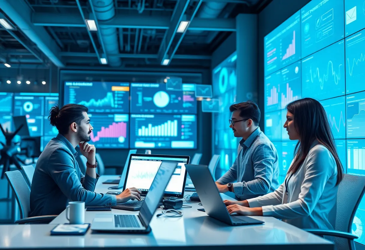 Diverse marketing professionals using AI tools in an office