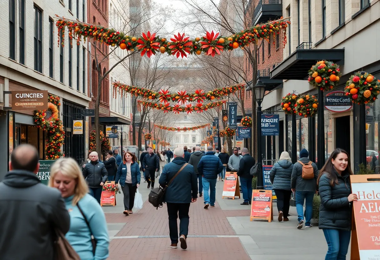 A lively street scene with autumn decorations and political campaign signs.