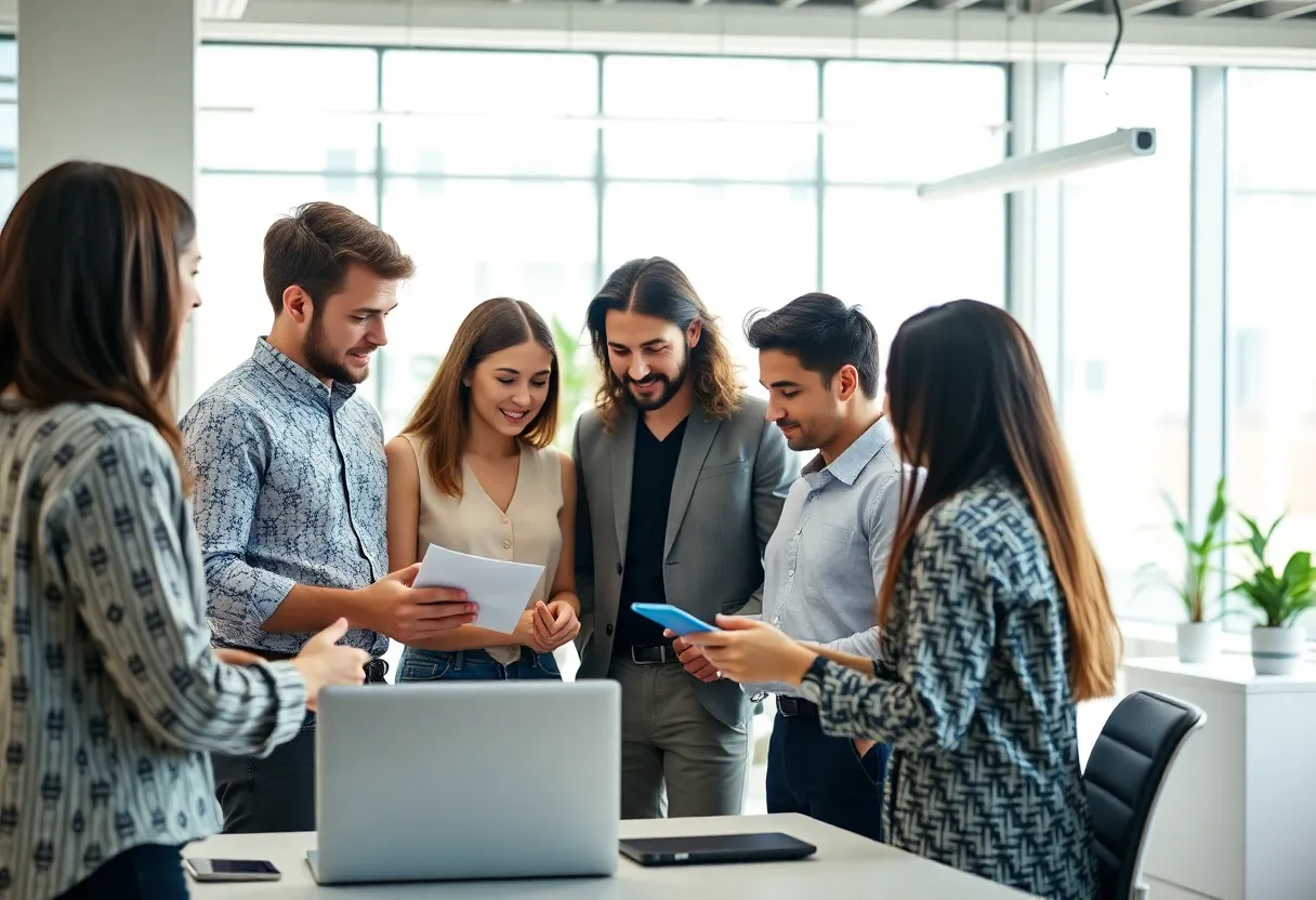 A diverse marketing team discussing strategies in a modern office