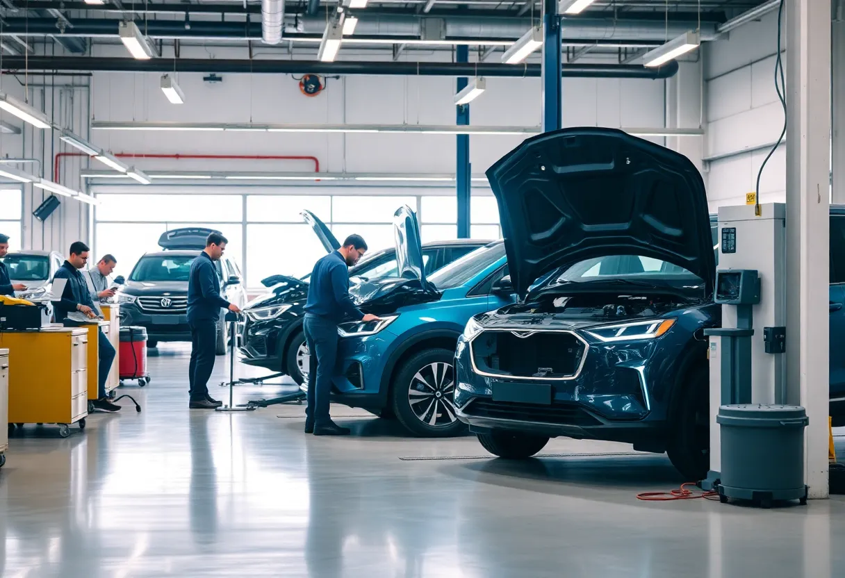 Technicians using advanced technology in a collision repair shop.