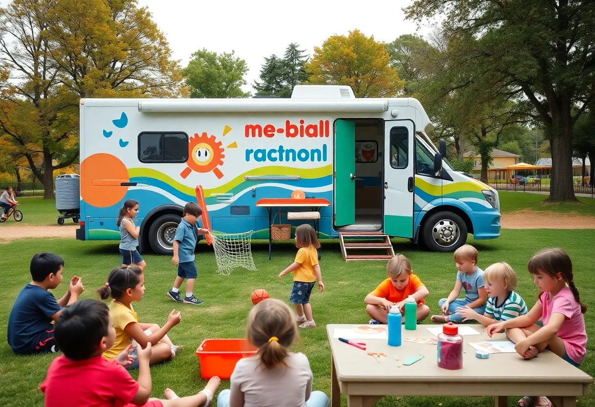 Mobile recreation van in a community park with children engaged in various activities.