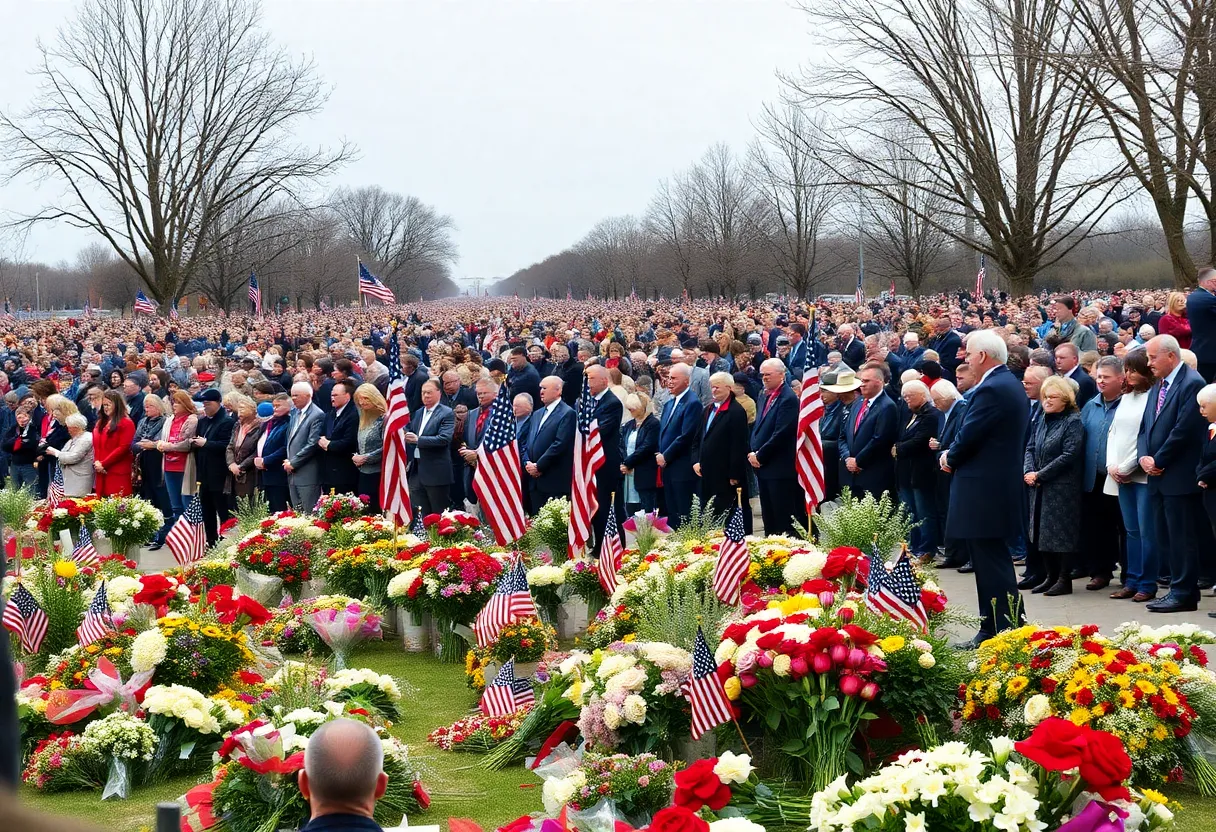 Large crowd at a memorial for Jimmy Carter holding flags and flowers