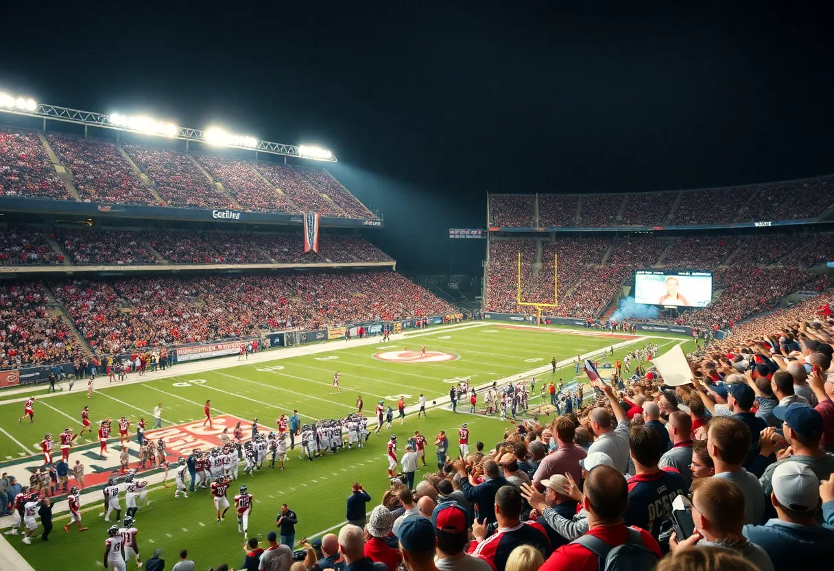 Dynamic football game scene with fans in the stadium