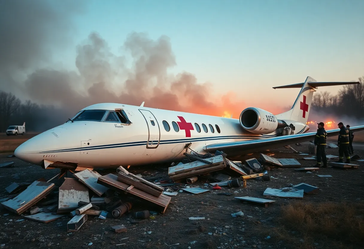 Scene of a medical transport jet crash with emergency responders and debris.
