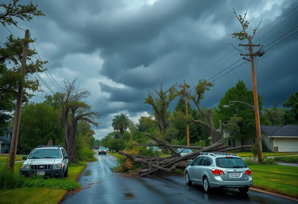 Destruction from severe weather in Michigan with fallen trees and damaged cars.