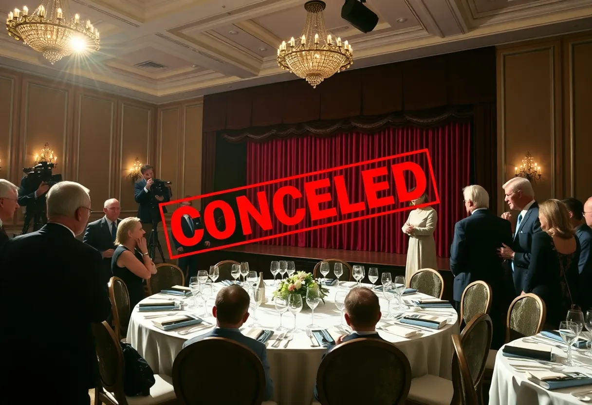 A formal dinner setting indicating a missing comedy performance.