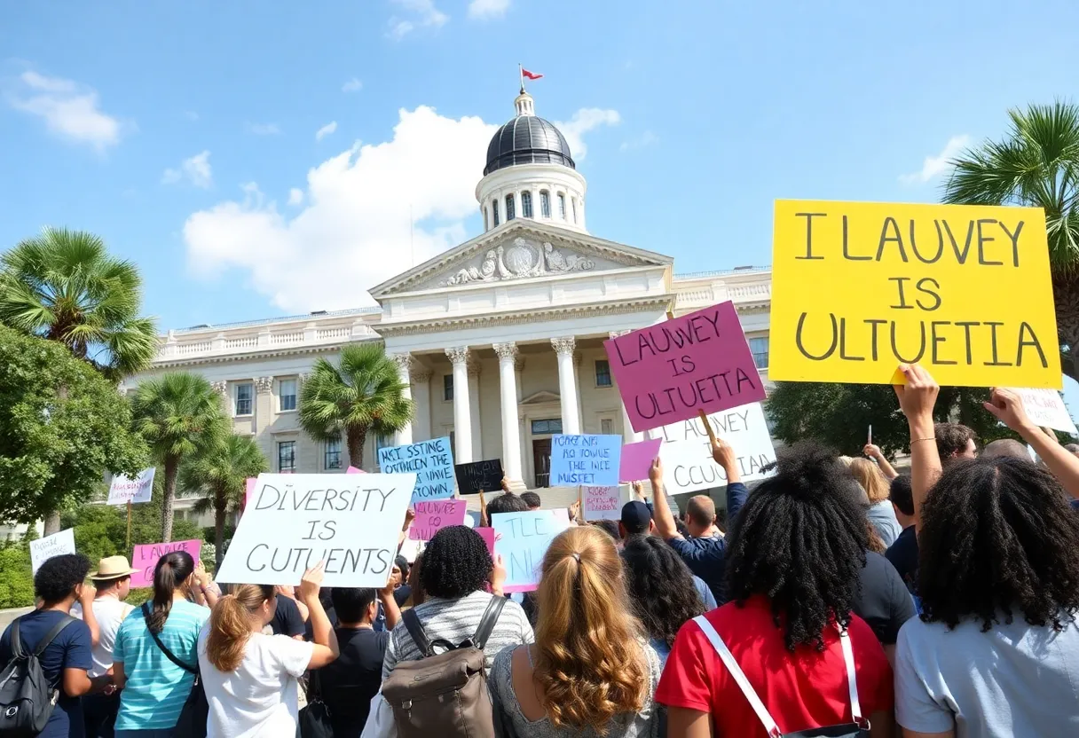 South Carolina State House with community members discussing diversity issues.