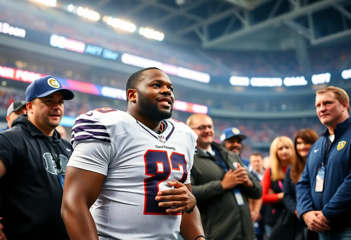 Dynamic football draft scene featuring team representatives and players