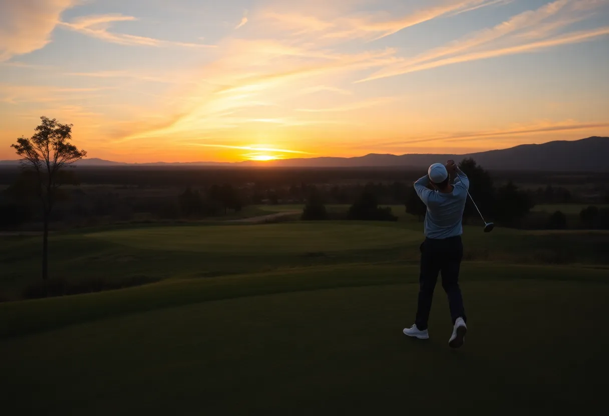 A beautiful sunset over a golf course with a golfer practicing their swing.