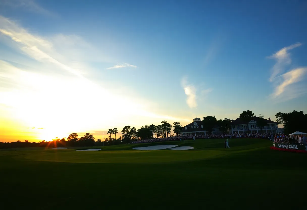 Sunset over a golf course at Augusta, iconic holes and challenging conditions.