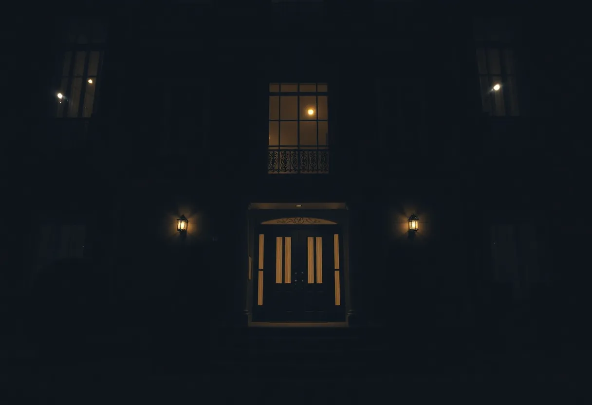 A tense and dark atmosphere of a luxurious townhouse related to a disturbing kidnapping case.