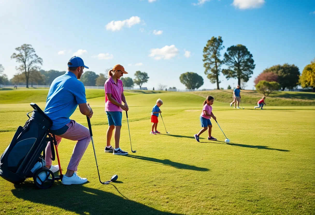 Wesley Bryan practicing on the golf course with family in the background