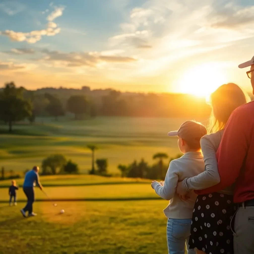 A serene golf course at sunset with families enjoying time on the fairway.