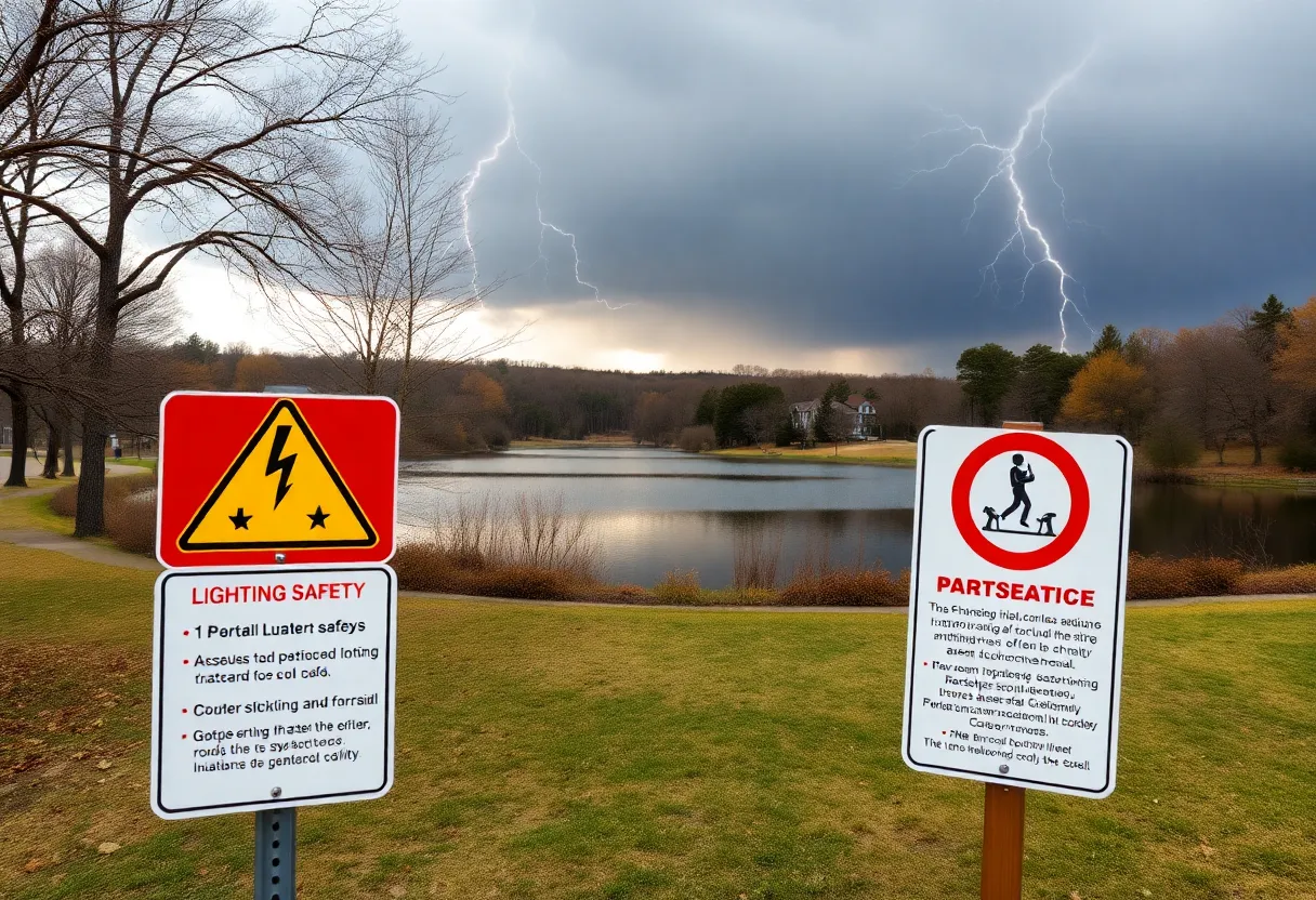 A view of Dominion Beach Park with lightning hazard signs and a calm lake.