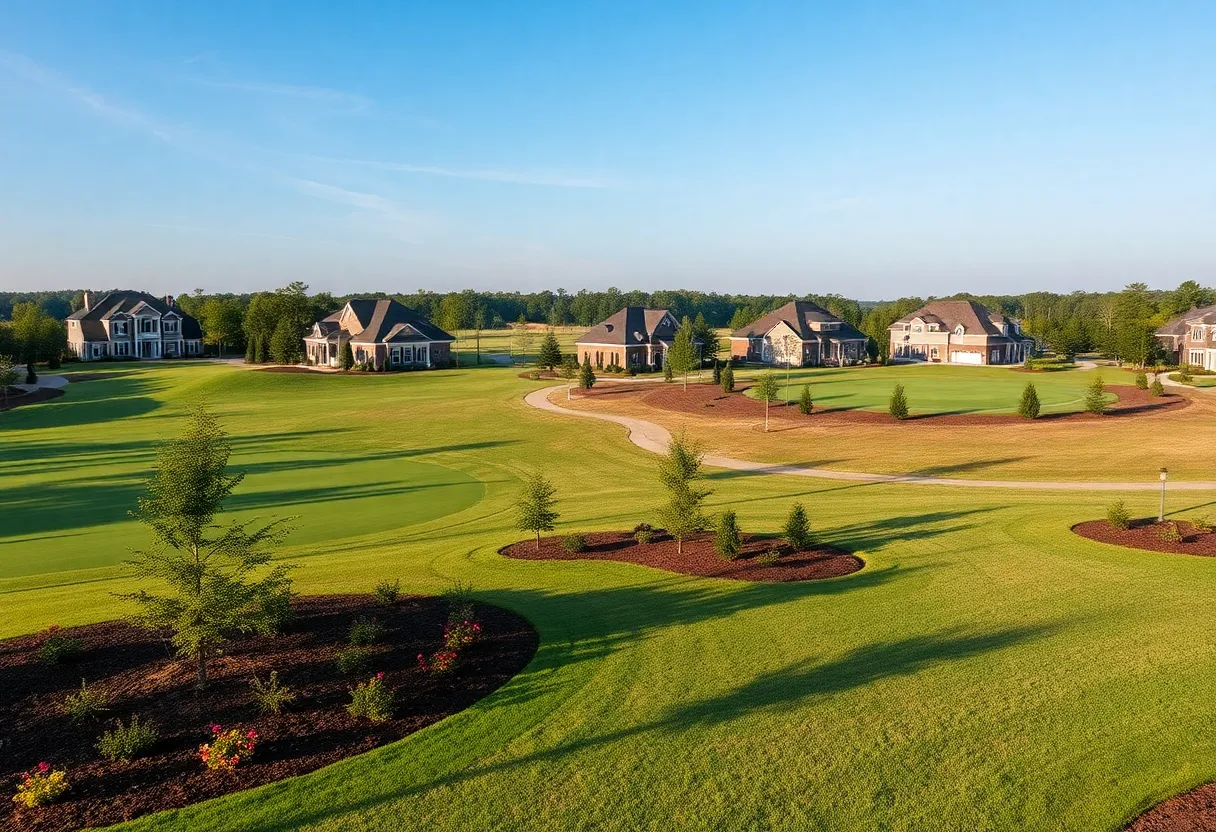 A scenic view of a golf neighborhood in Irmo SC with low-maintenance homes.