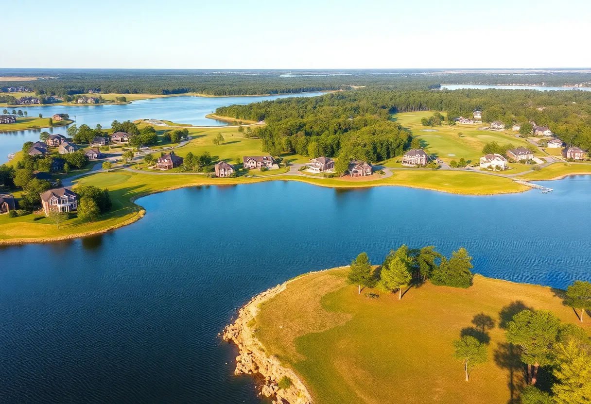 A scenic view of waterfront homes and golf courses in Irmo SC