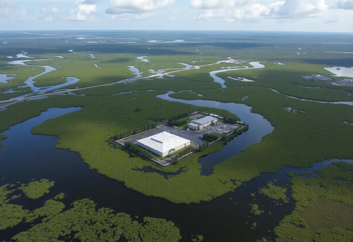 Aerial view of Alligator Alcatraz detention facility in the Everglades