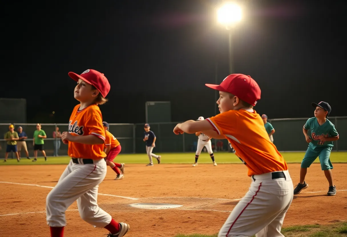 Exciting moment from a Little League baseball game featuring young players