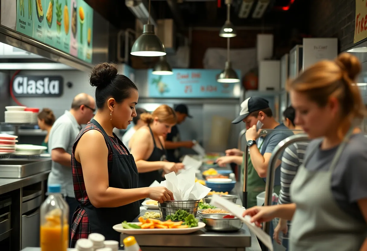 Restaurant employee multitasking in a busy environment
