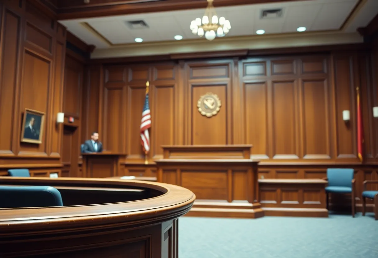 An empty witness stand in a courtroom setting.