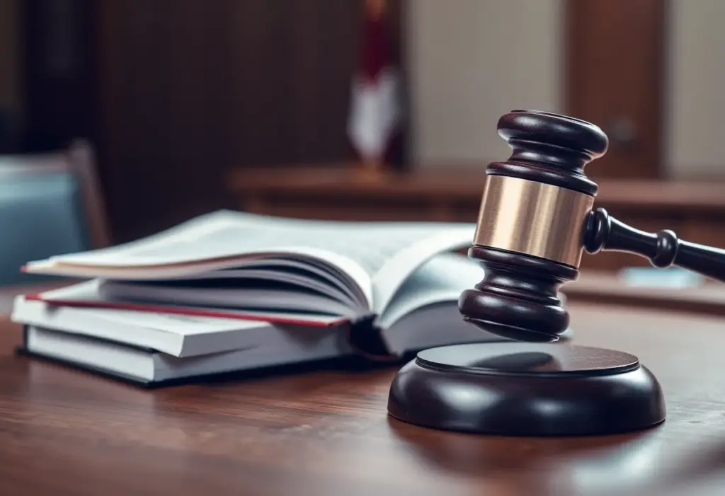 Courtroom setting with a gavel and legal material