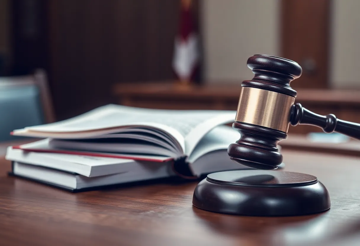 Courtroom setting with a gavel and legal material