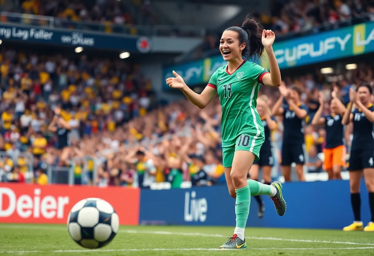 Female soccer player celebrating with teammates