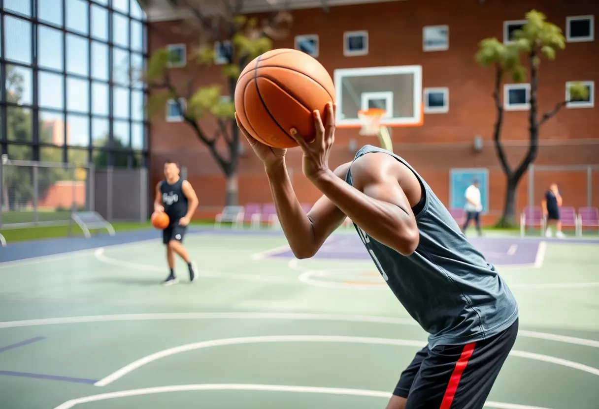 Eli Ellis practicing basketball on the court