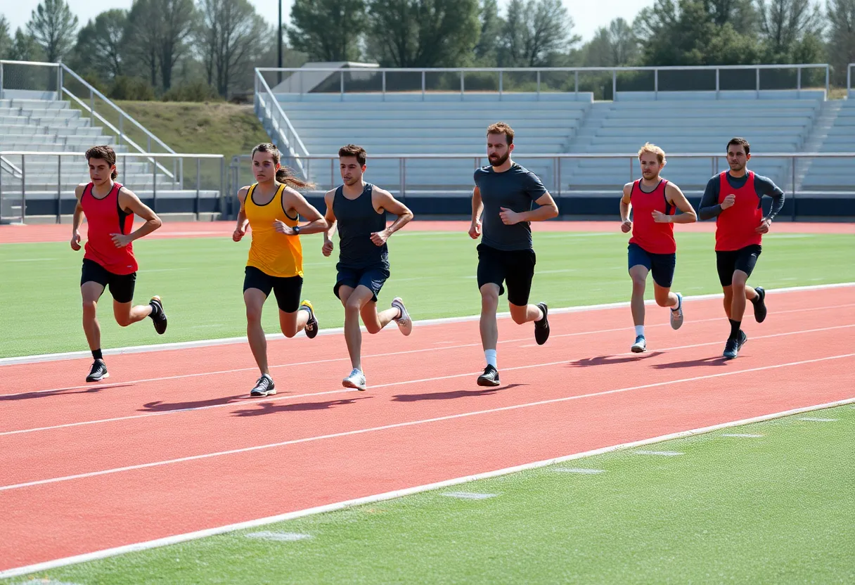Athletes training on a track field with a focus on distance running.