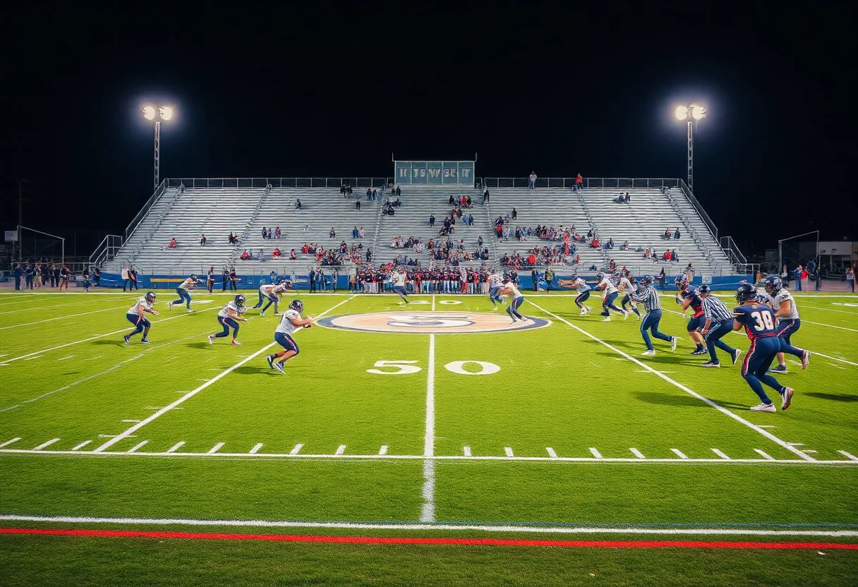 High school football players competing during a game.