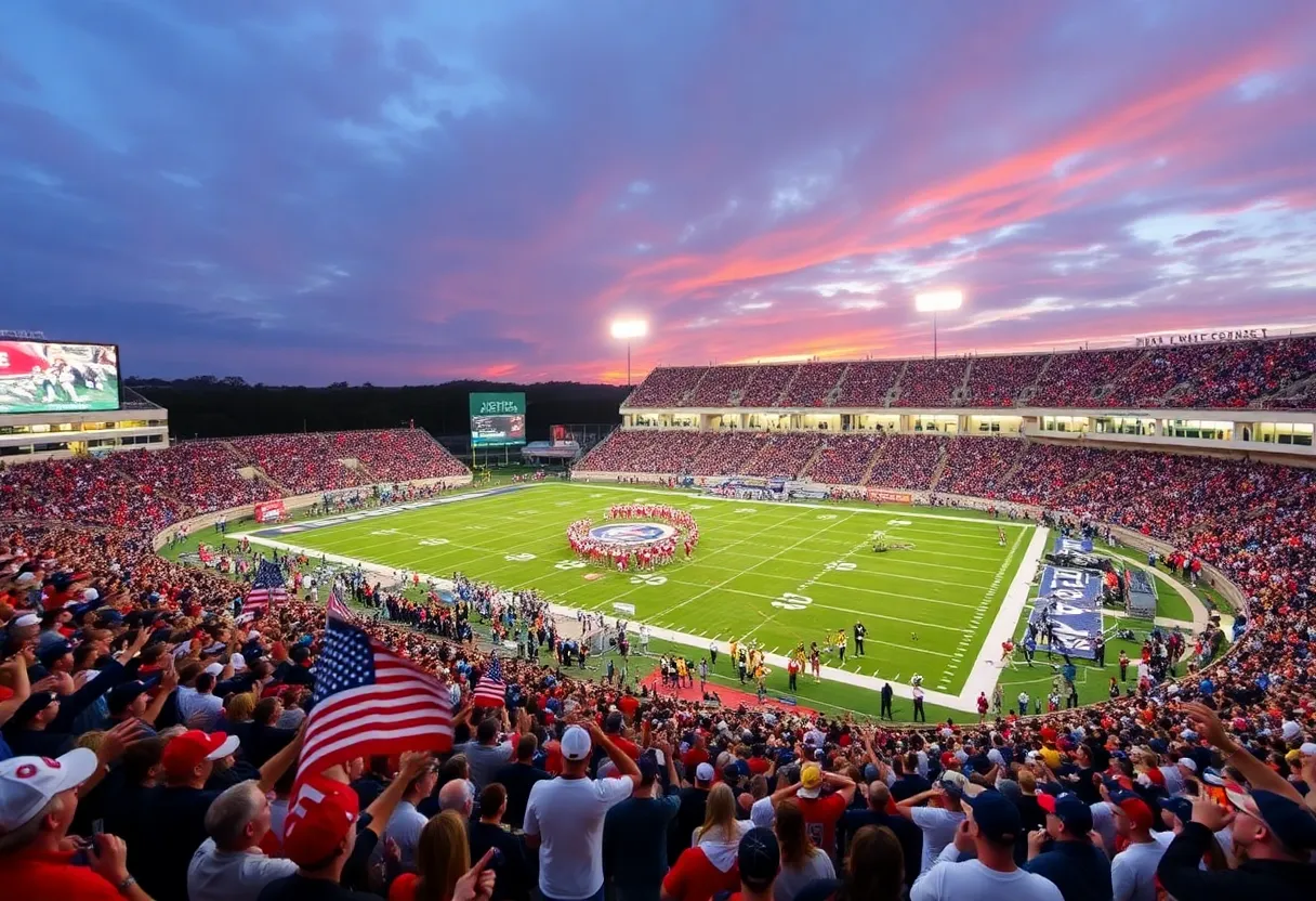 High school football game at Spartanburg Vikings Stadium with fans and players