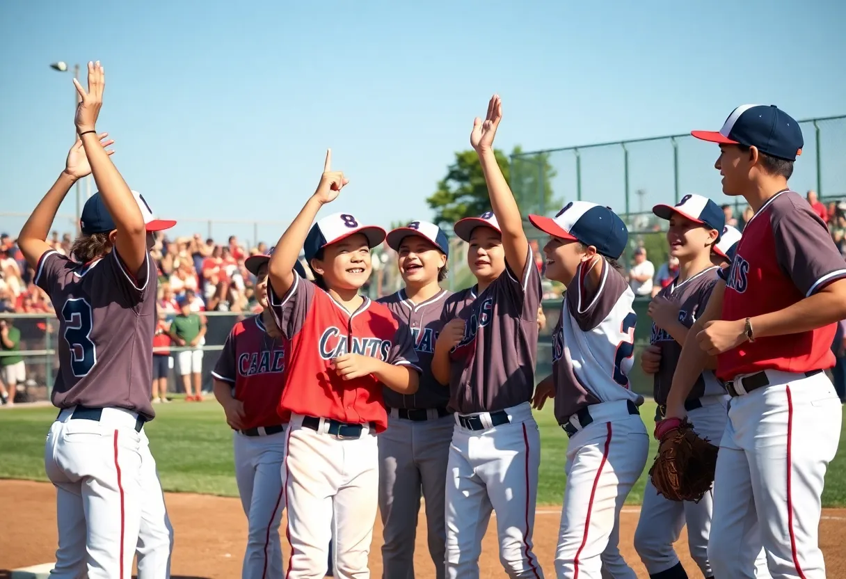 Irmo All-Stars baseball players celebrating on the field