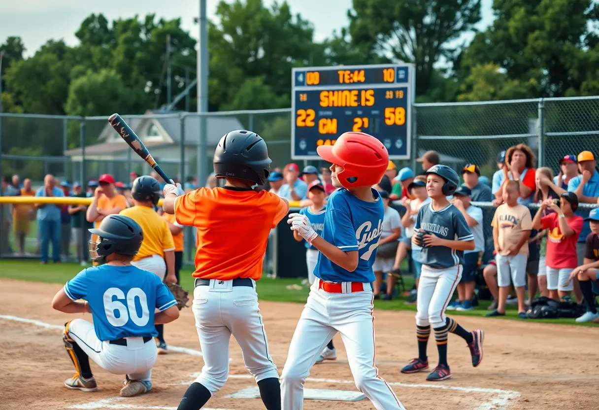 Youth baseball players in action during a Little League game