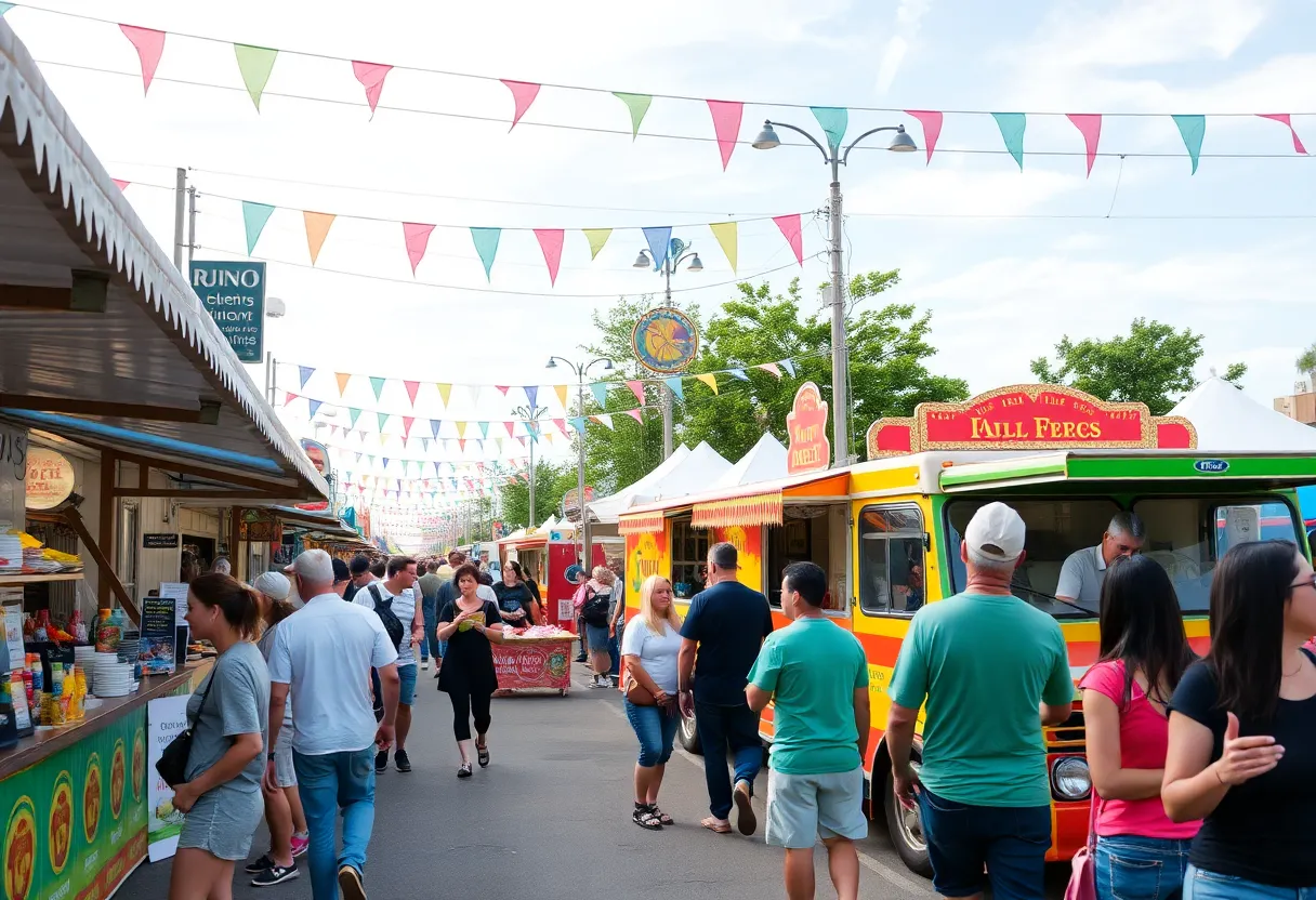 Festival scene at Irmo Okra Strut with food trucks and parade participants