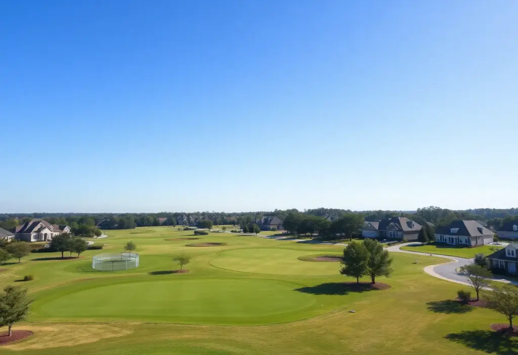 Scenic view of an Irmo SC golf community with green lawns and beautiful homes