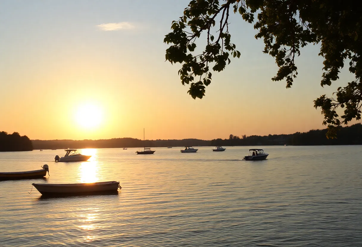 Scenic view of Lake Murray with boats at sunset