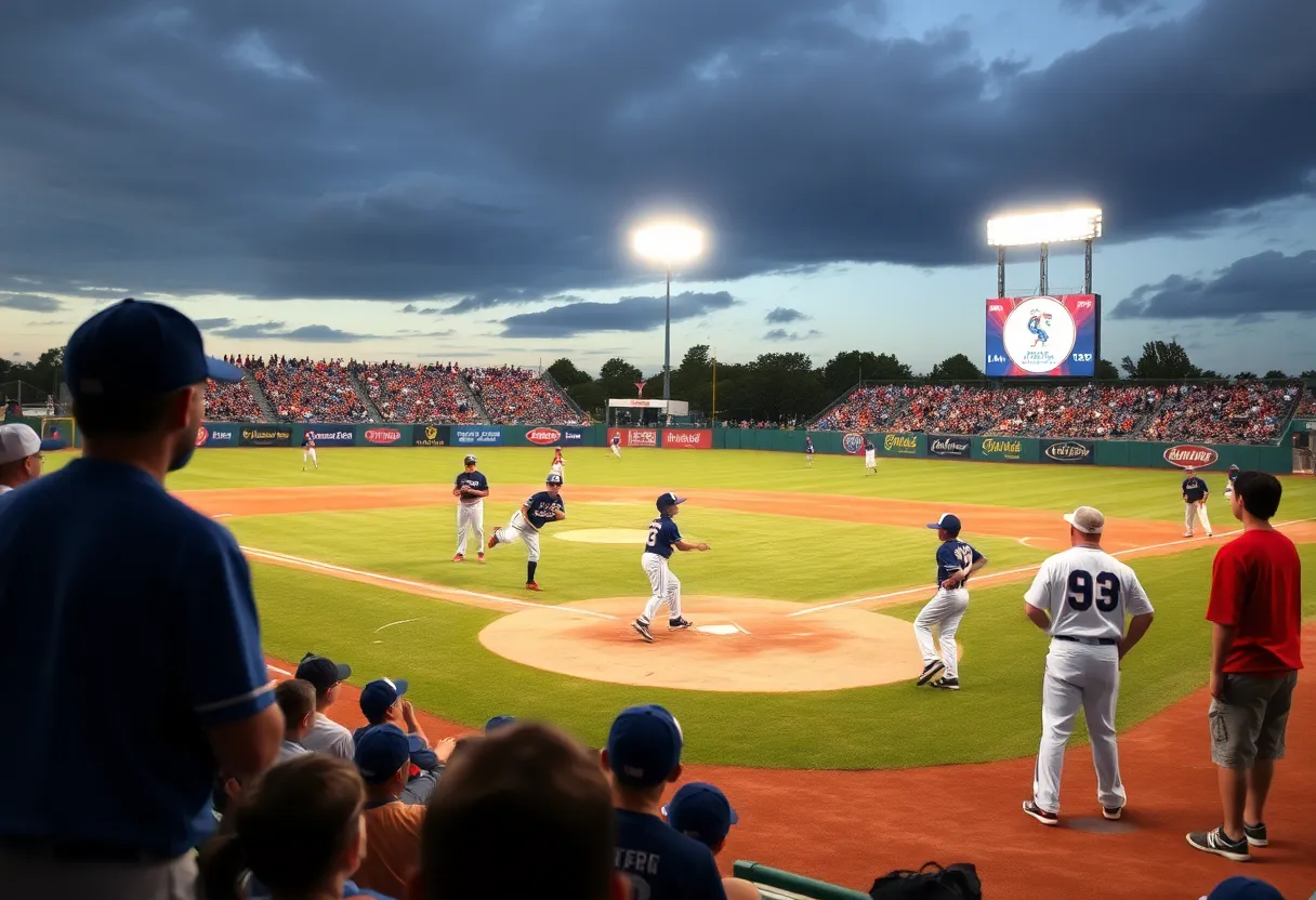A baseball game in progress at the Little League World Series, featuring young players and an excited crowd.