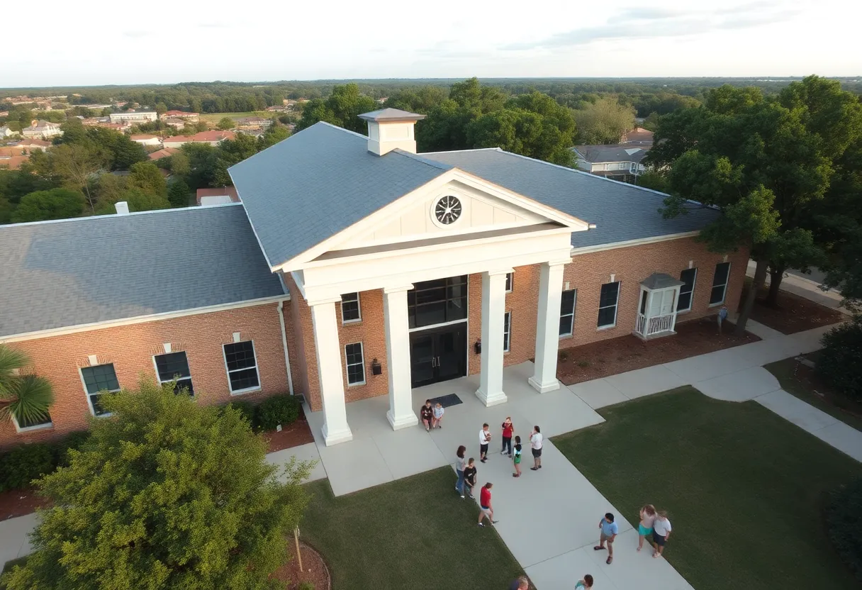 Aerial view of a Lexington-Richland 5 school with students outside.