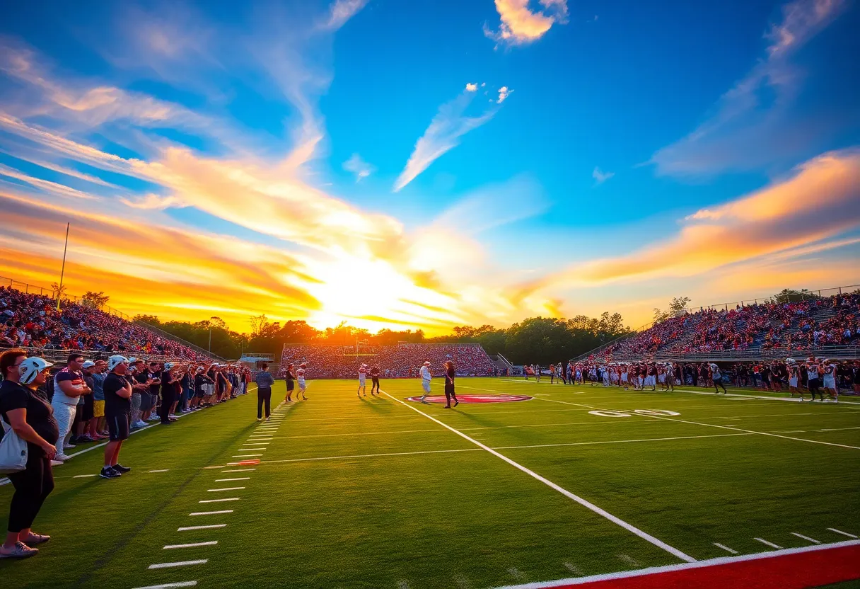 Vibrant high school football game with players and cheering fans