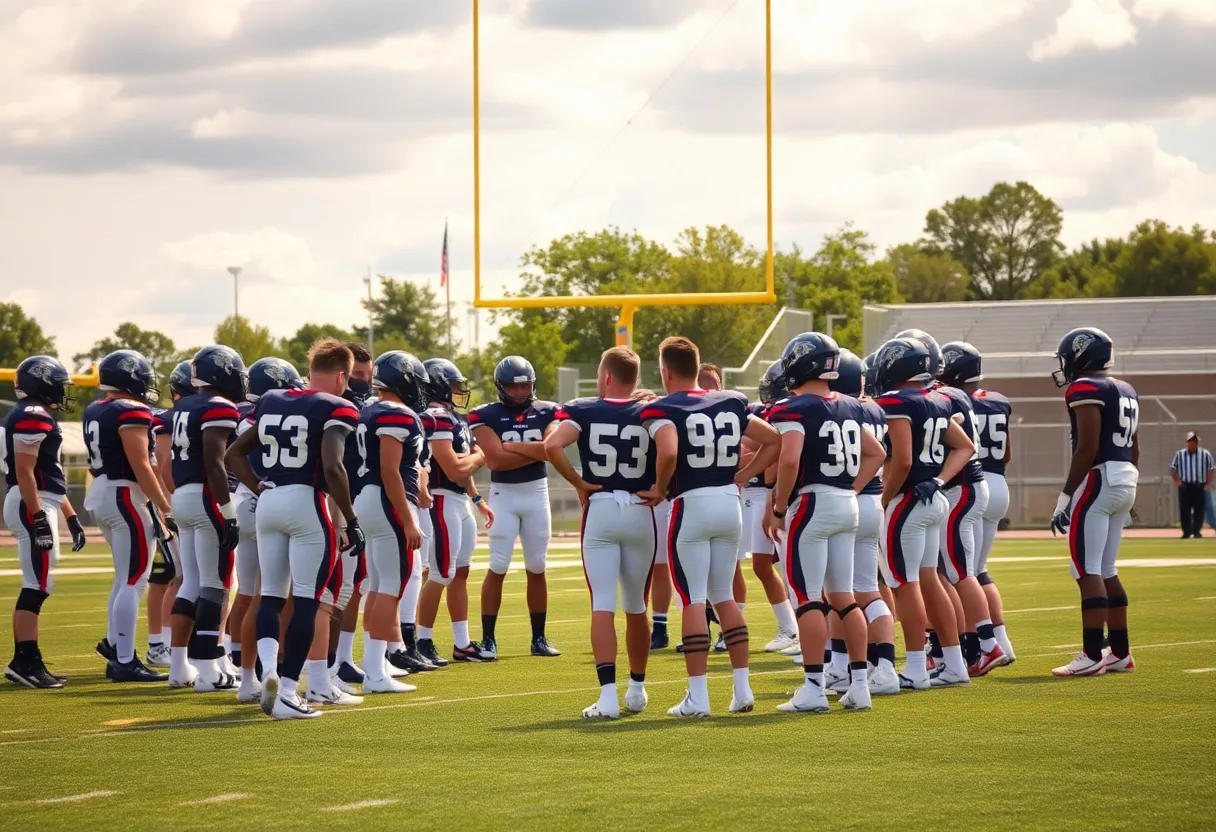 High school football team huddle on a field