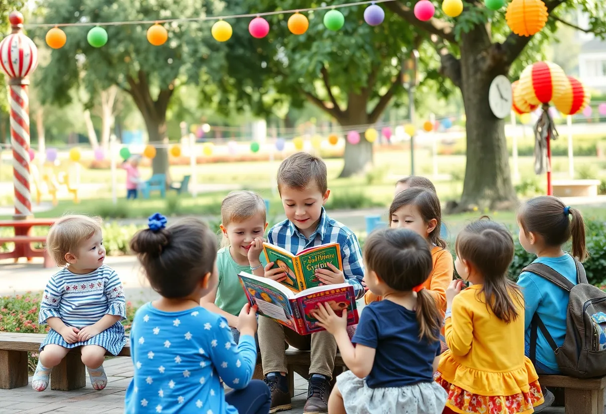 Children enjoying Story-time in the Park with the mayor.