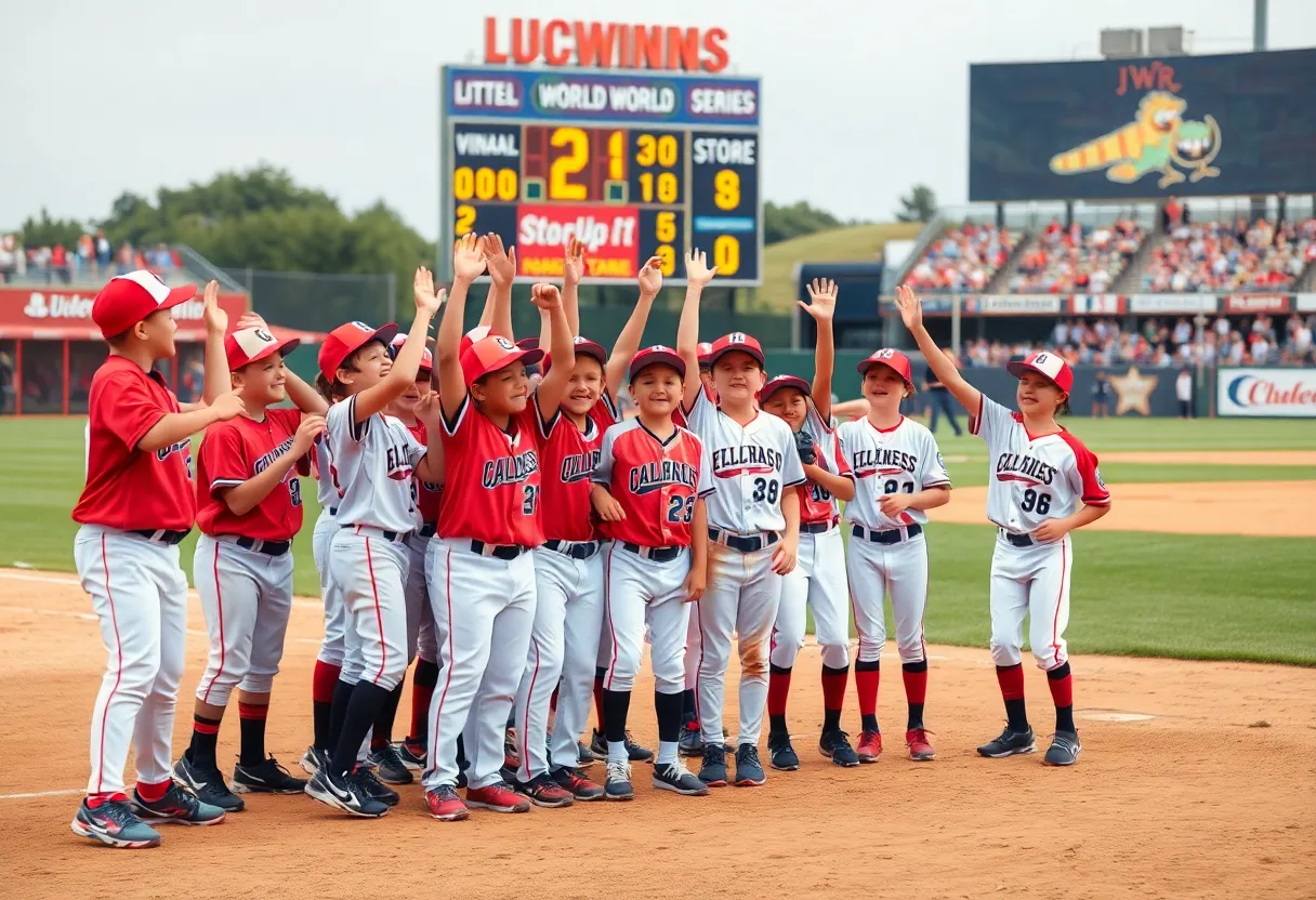 Young baseball players from Team Irmo celebrating their 13-0 victory.