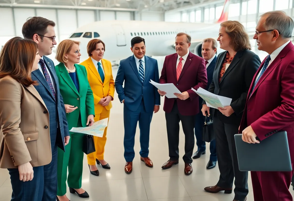 Texas Democratic lawmakers discussing strategies at an airport.