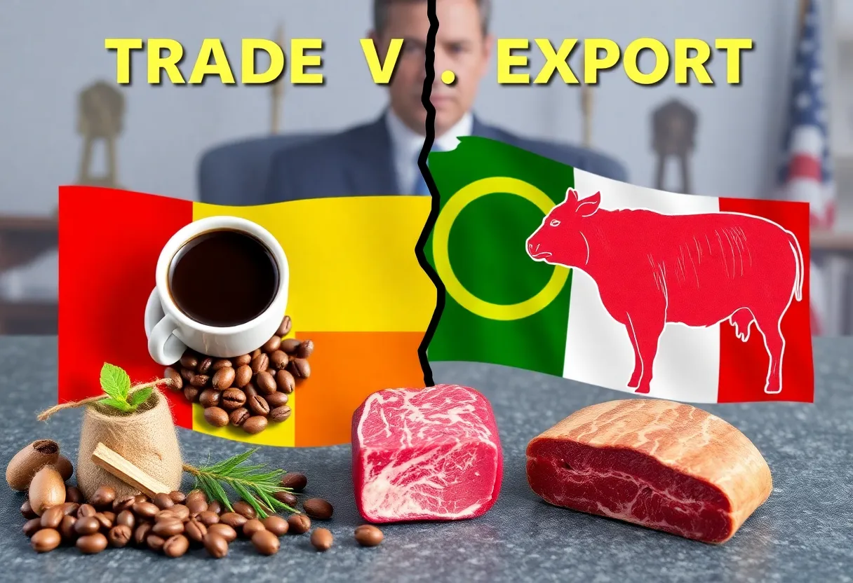 Illustration of trade tensions and tariffs affecting Brazilian goods