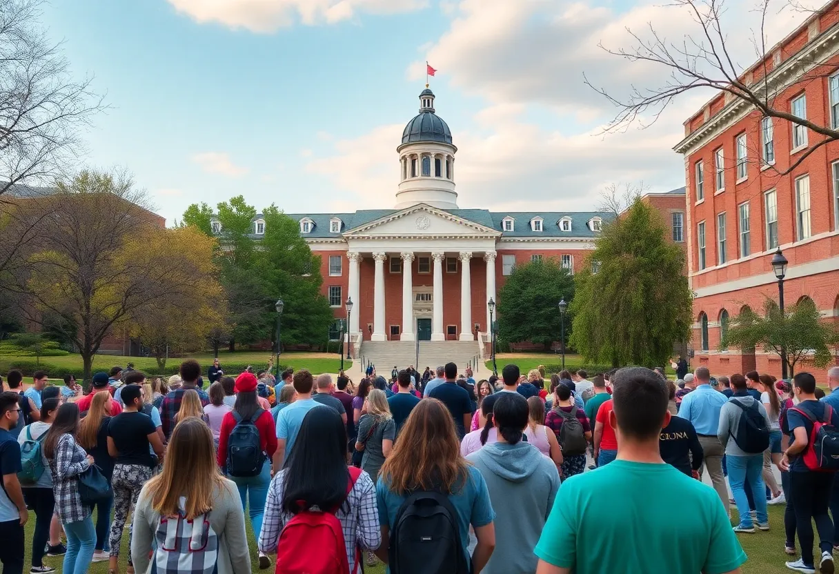 Campus of the University of South Carolina with students gathering.