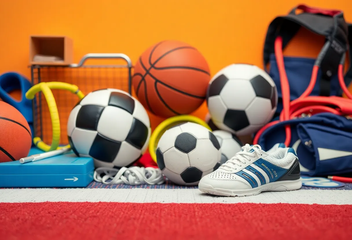 Celebration of University of South Carolina athletics with various sports equipment