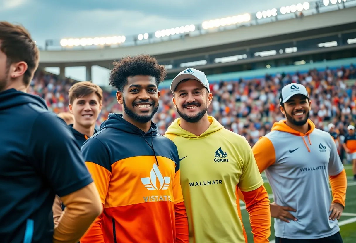 USC athletes in Nike gear celebrating in a stadium