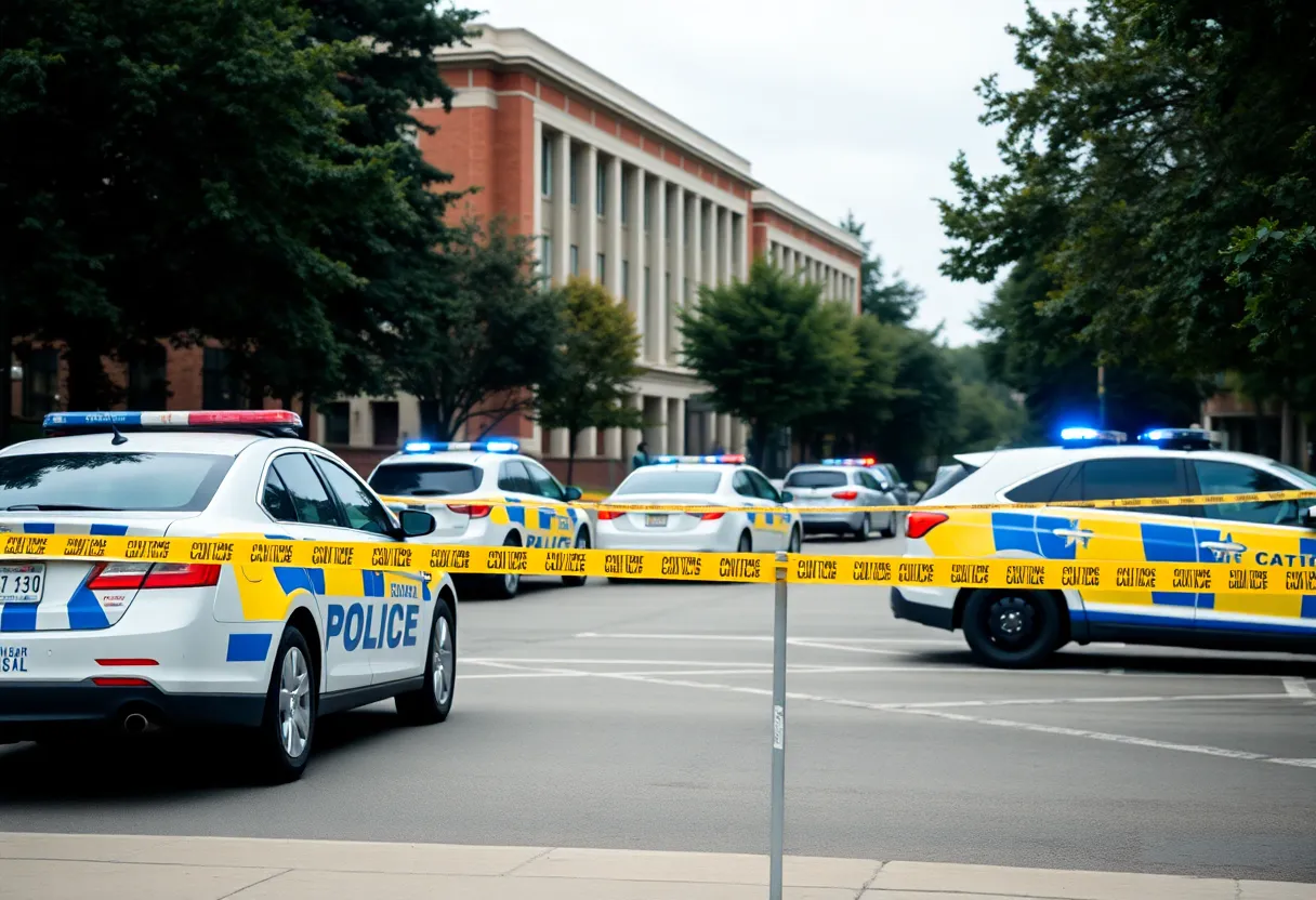 Police and emergency vehicles outside the Thomas Cooper Library during active shooter alert