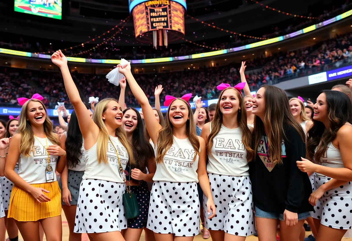 A gathering of new sorority members celebrating during USC Sorority Bid Day.