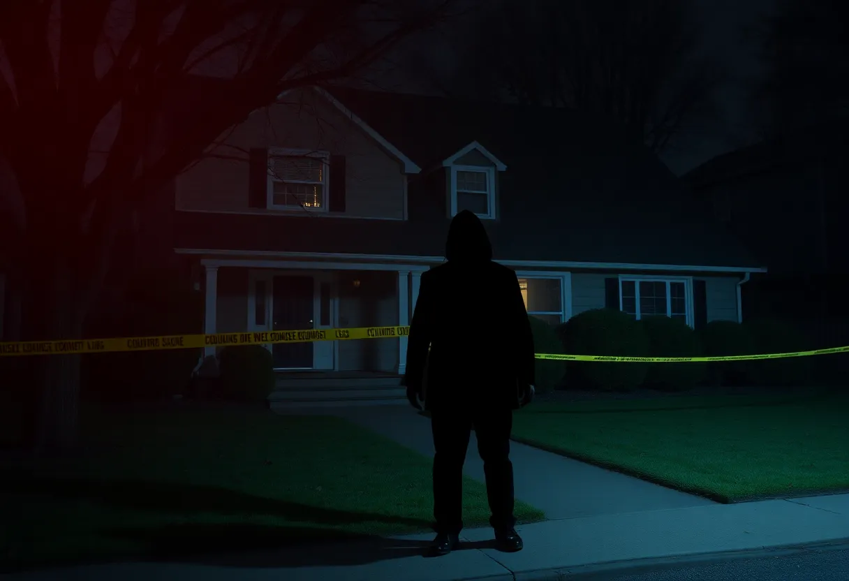Representation of a suburban home related to a crime mystery.